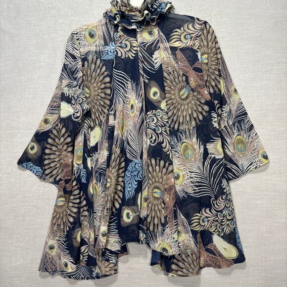 Jaipur Peacock Tunic Top M Semi Sheer Unique Ruffle Collar Boho Artsy Statement - Picture 8 of 8